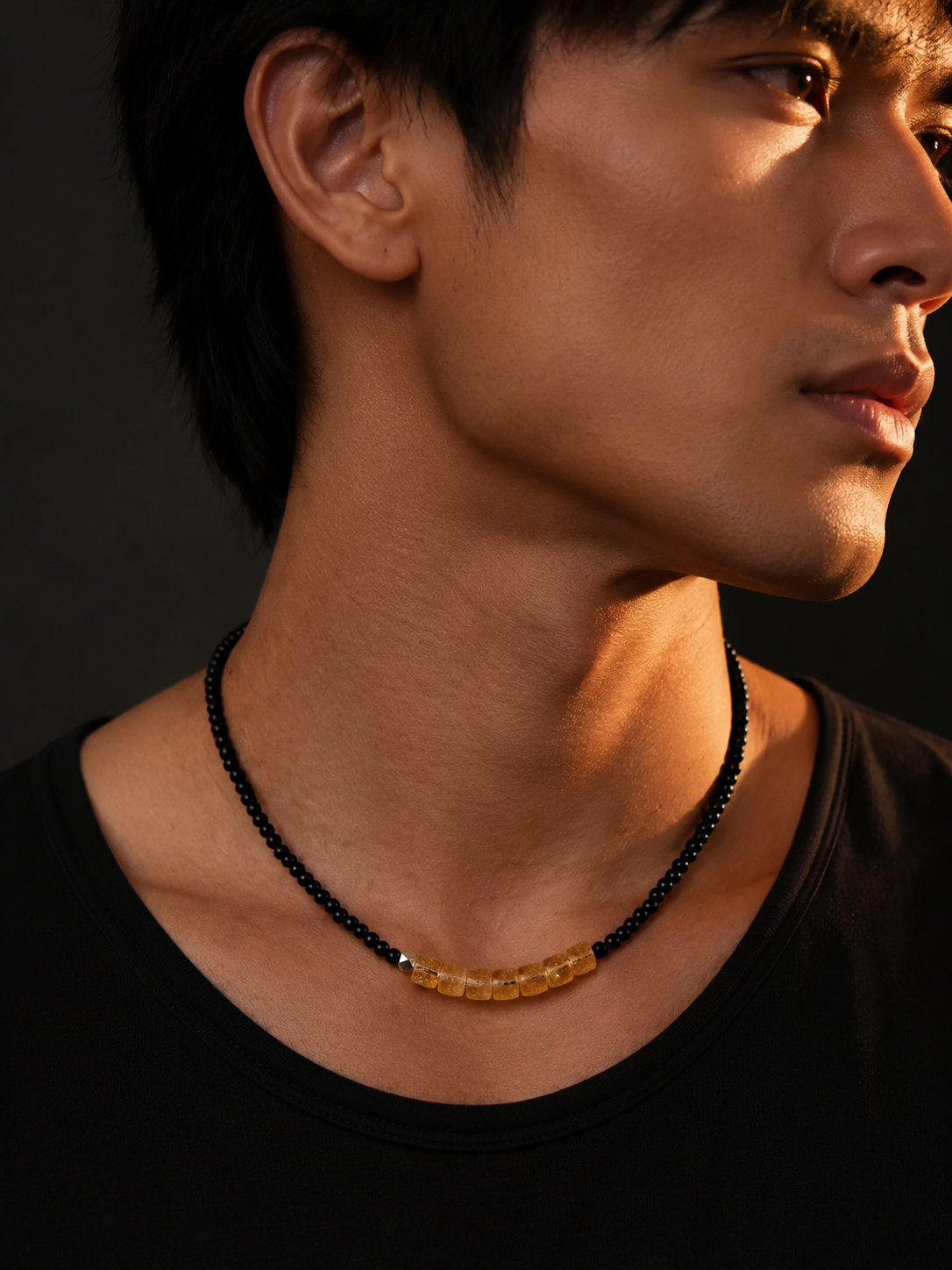 Tibetan Black Agate & Citrine Beaded Choker Necklace