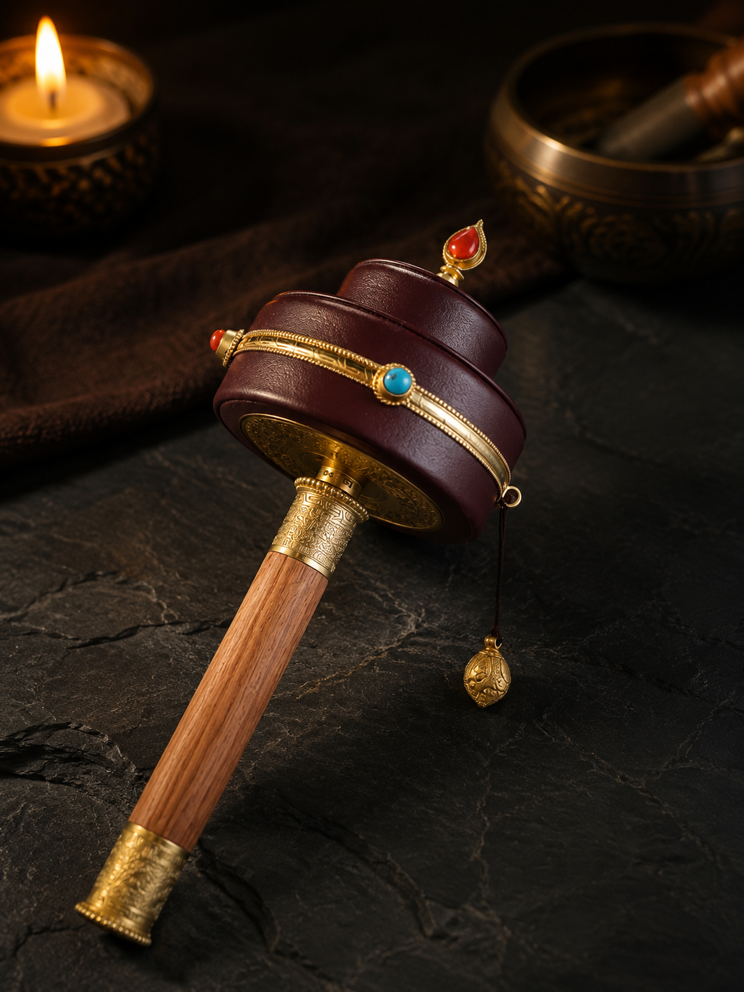 Tibetan Leather Handheld Prayer Wheel with Brass & Stones