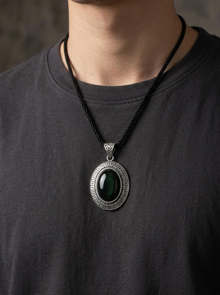 Tibetan Silver Inlaid Obsidian Protection Necklace