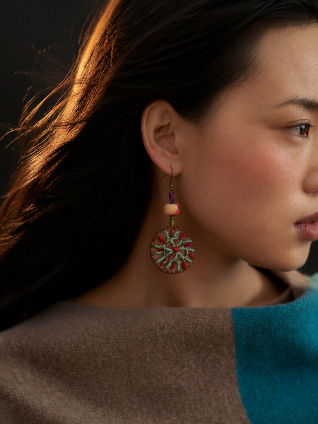 Handmade Tibetan Embroidered Leather Drop Earrings