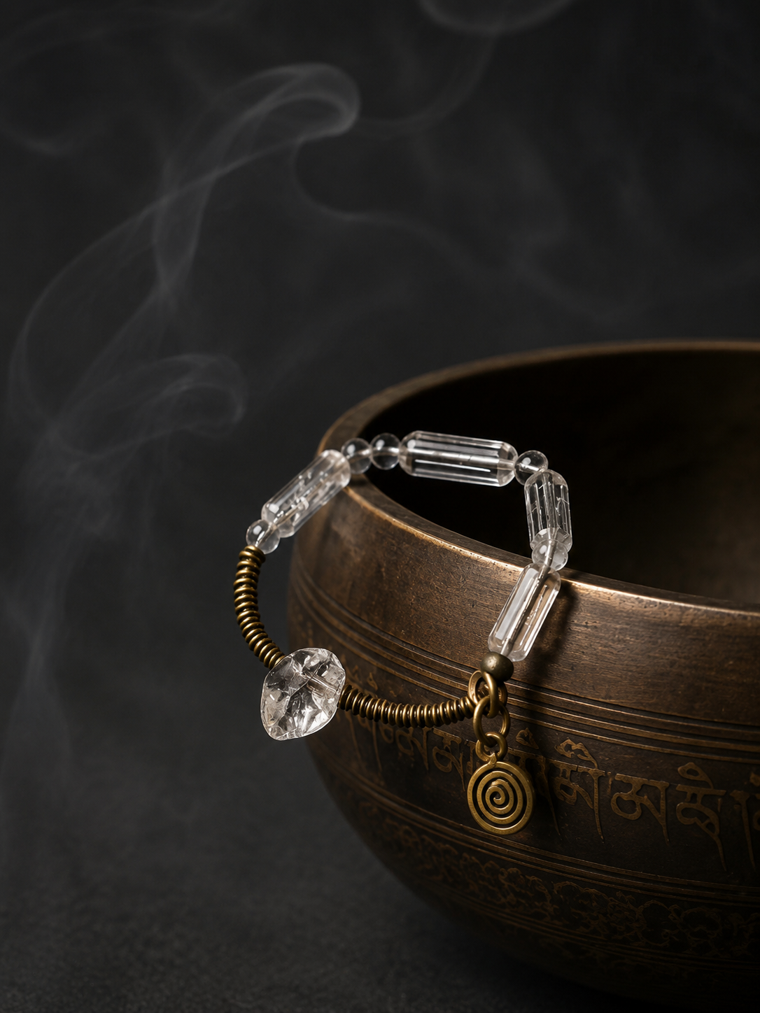 Vintage Tibetan Clear Quartz & Brass Bracelet