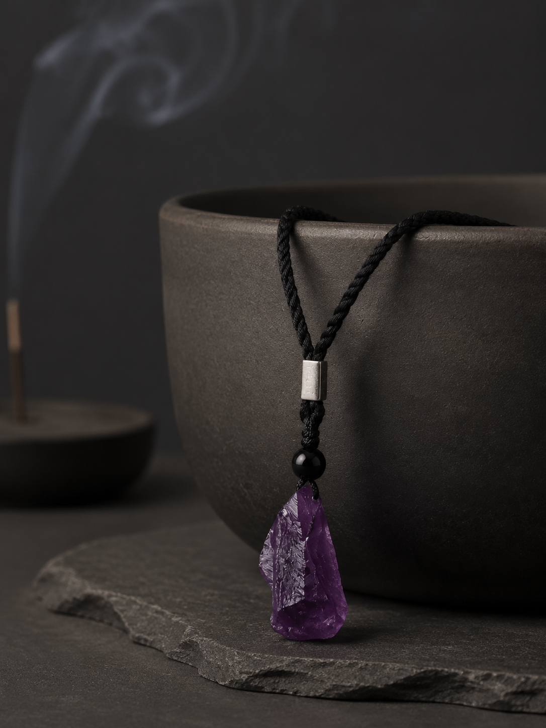 Raw Amethyst Crystal Pendant Necklace on Black Braided Cord