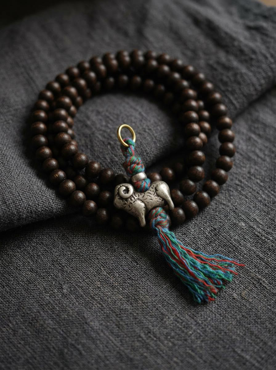 Tibetan White Copper Zodiac Sheep Mala Pendant