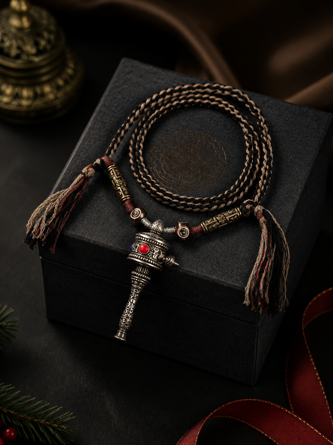 Vintage Tibetan Prayer Wheel Pendant Necklace Handmade Braided Rope
