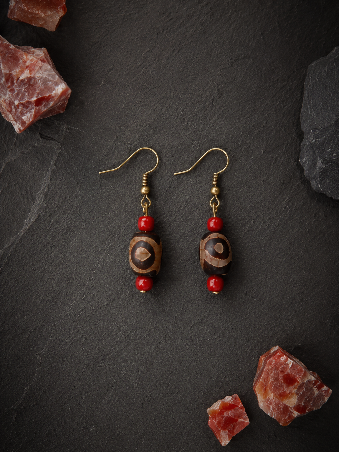 Vintage Tibetan Red Agate Dzi Earrings