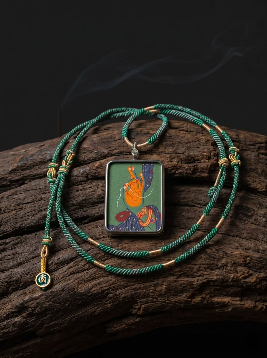 Tibetan Hand-Painted Green Tara Thangka Pendant Necklace
