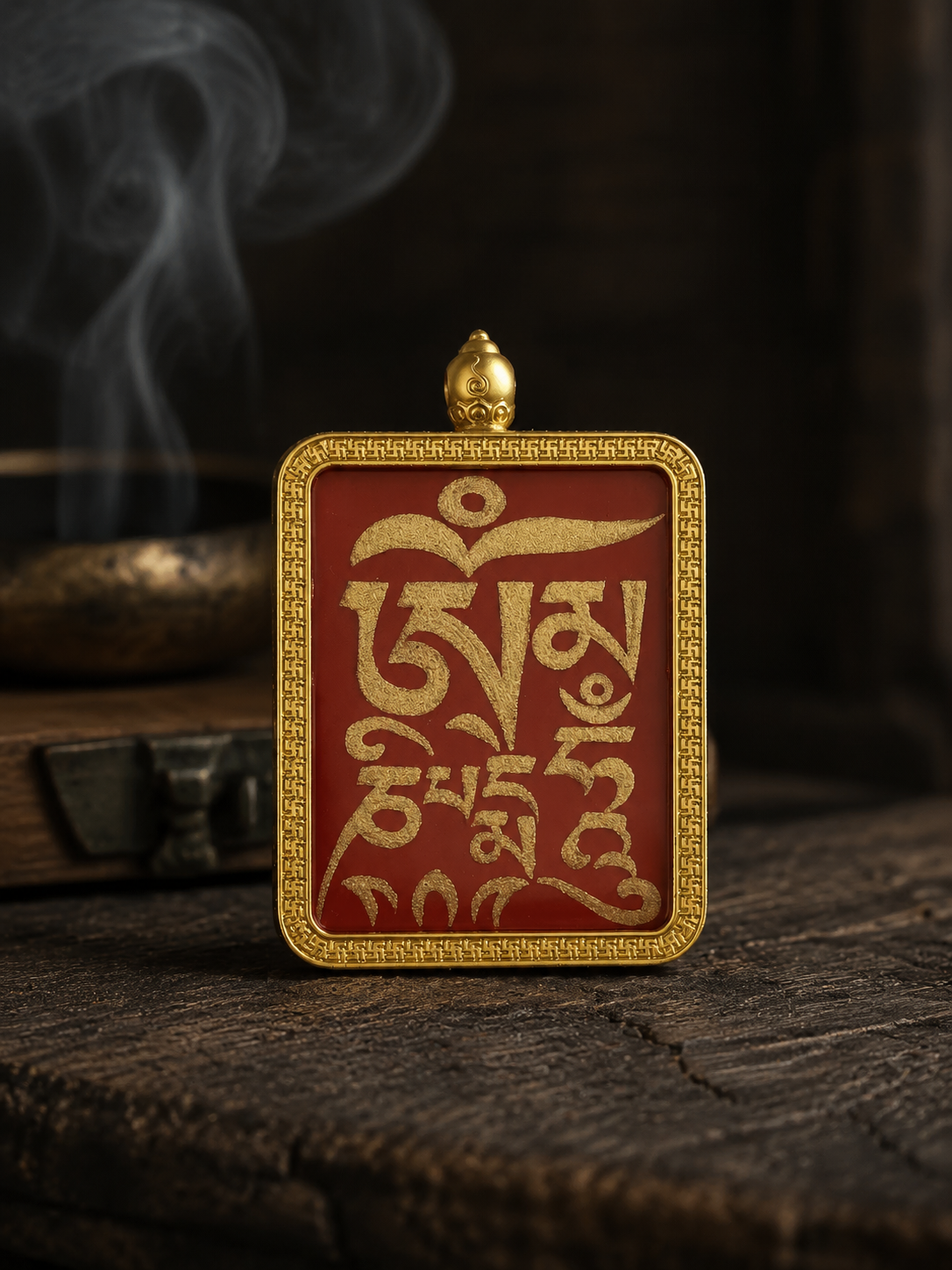Tibetan Hand-Painted Cinnabar Thangka Mantra Pendant Amulet