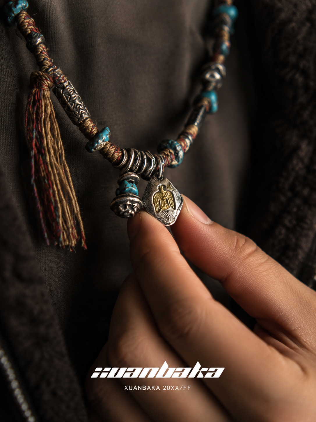 Tibetan Eagle & Mani Stone Vintage Braided Rope Necklace
