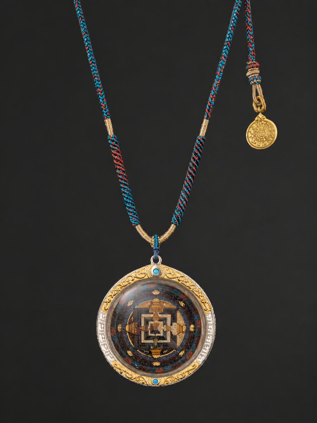Hand-Painted Tibetan Kalachakra Mandala 925 Silver Pendant Necklace