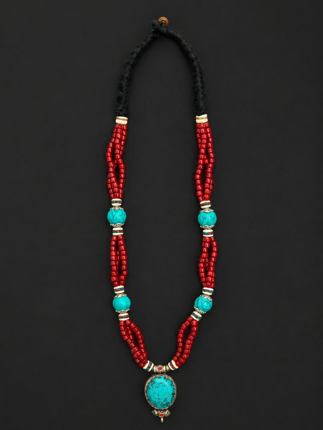 Vintage Tibetan Turquoise & Red Beaded Statement Necklace