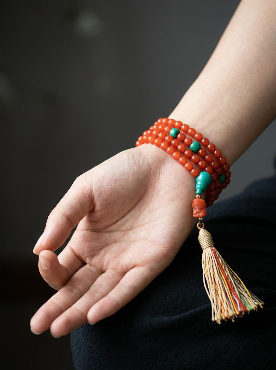 Authentic Tibetan Red Agate 108 Mala Bead Bracelet