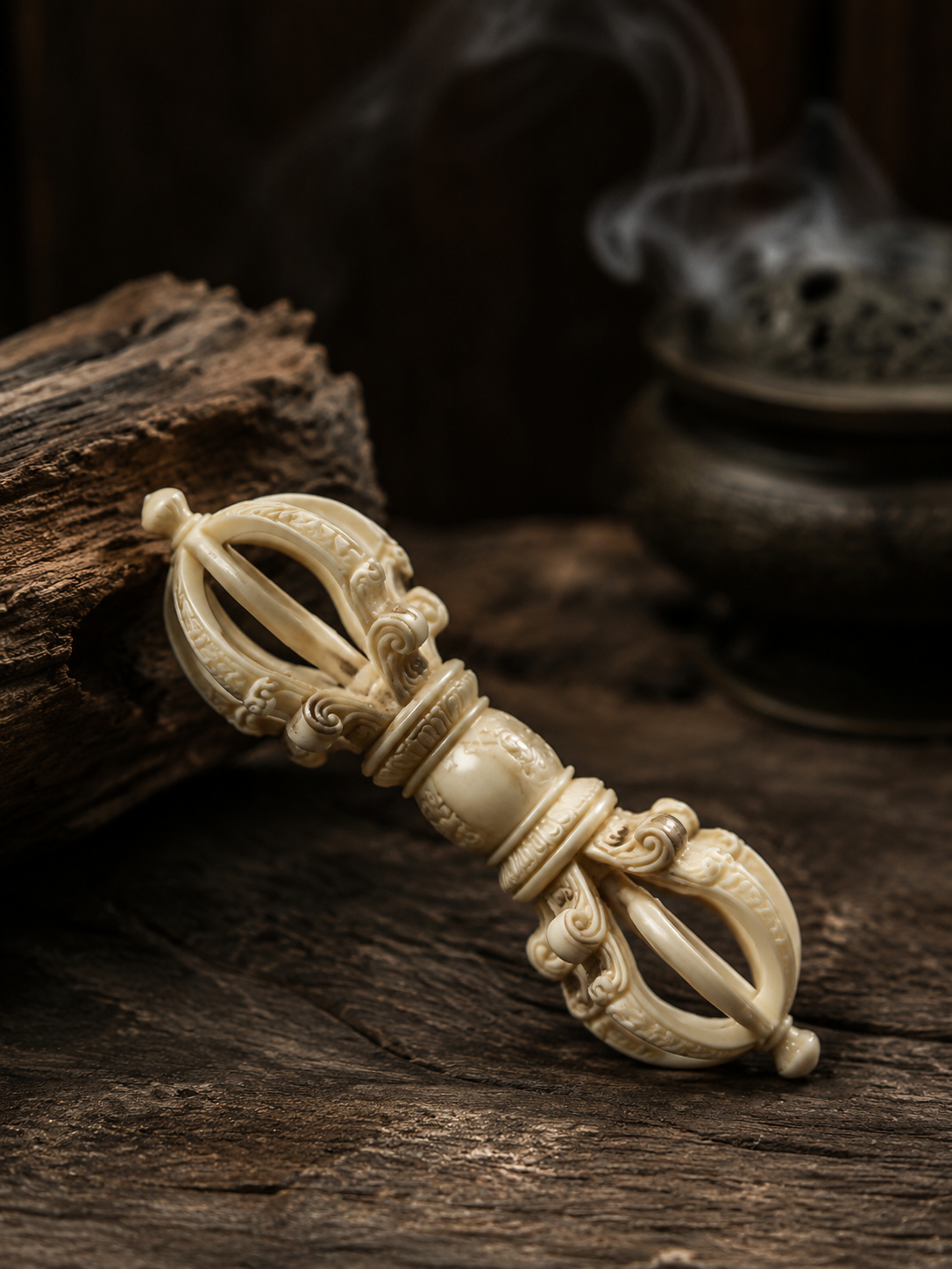 Hand-Carved Tibetan Yak Bone Vajra Amulet Necklace