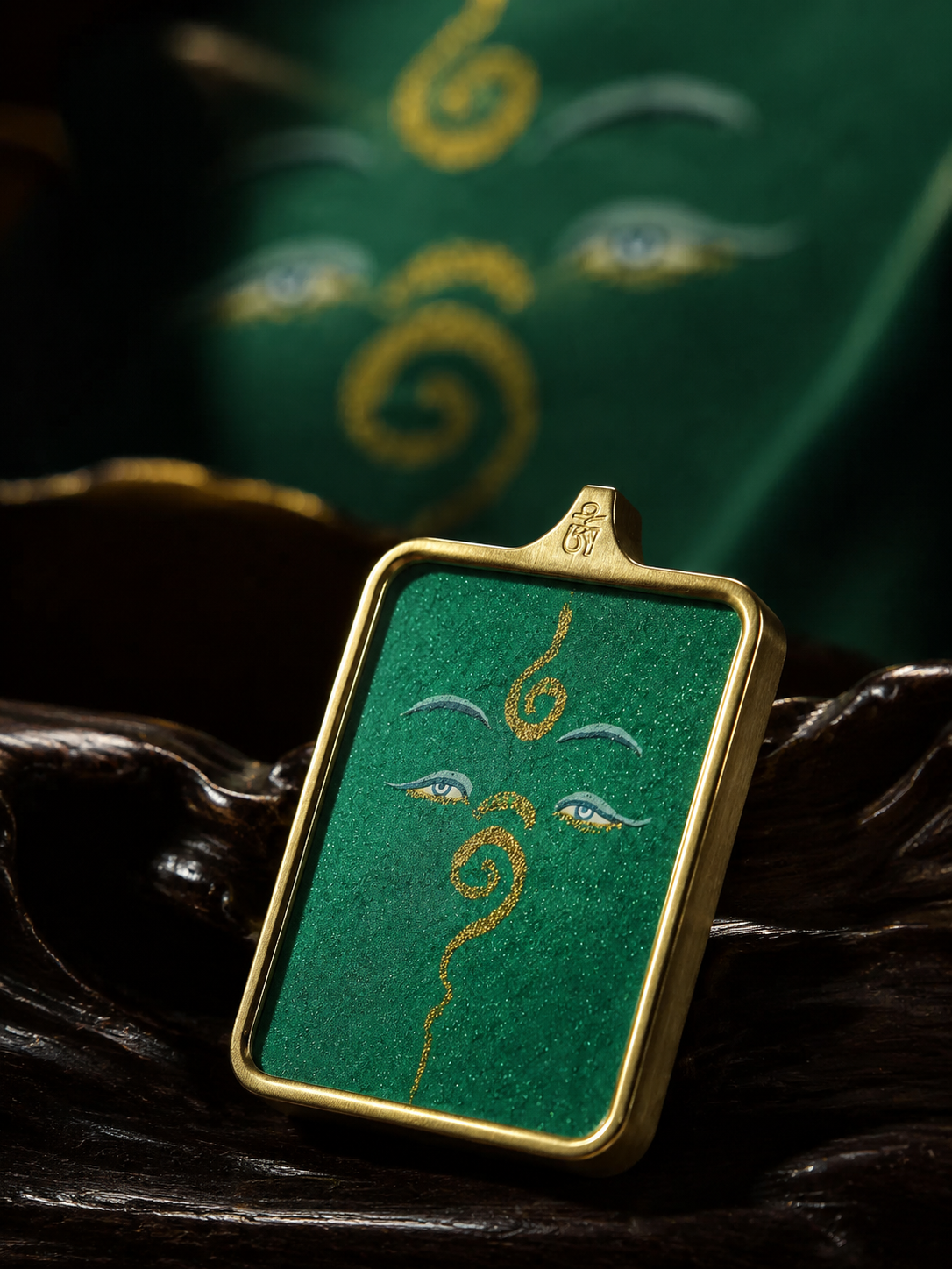 Hand-Painted Tibetan Thangka Pendant - Green Tara Buddha Eye Amulet