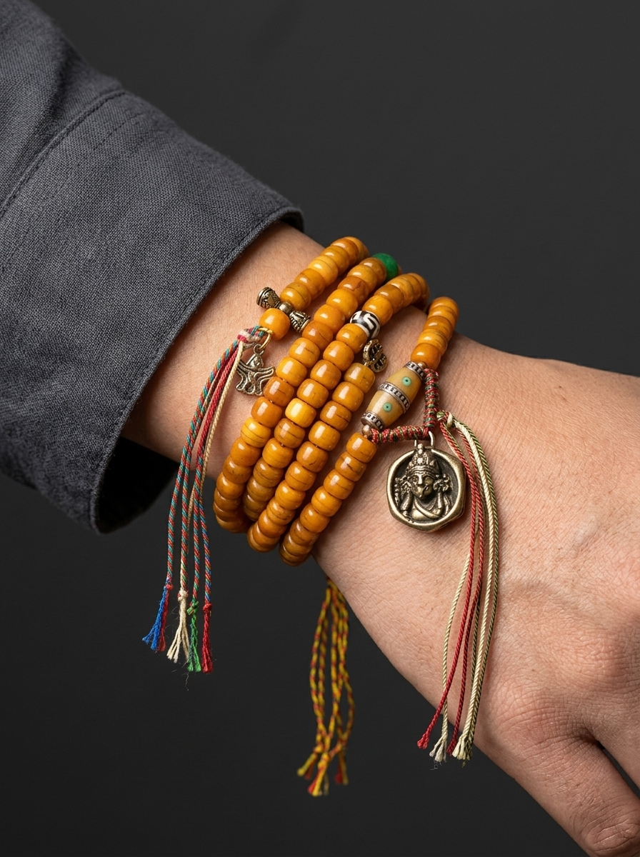 Tibetan Yak Bone 108 Mala Bracelet with Zhaji Lamu Amulet