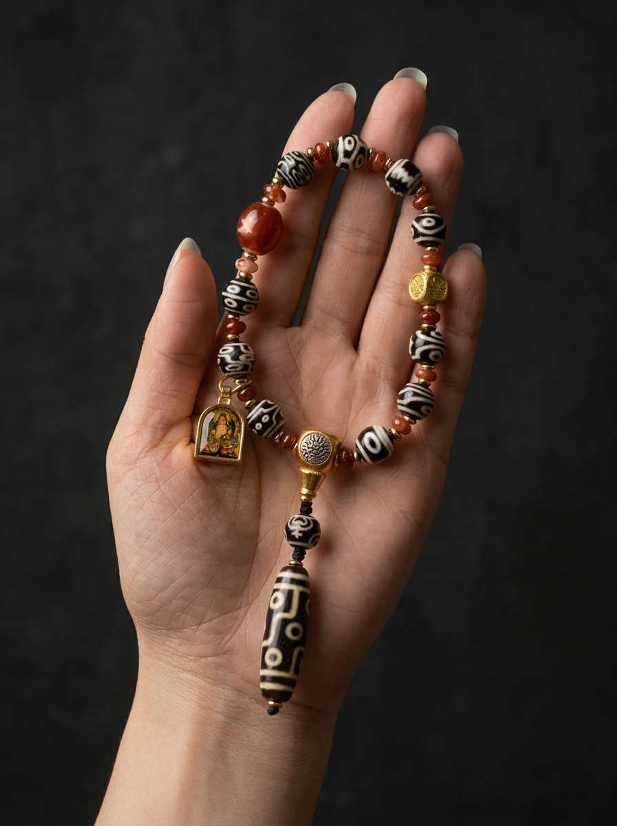 Tibetan Dzi Bead & Gau Box Protection Pendant