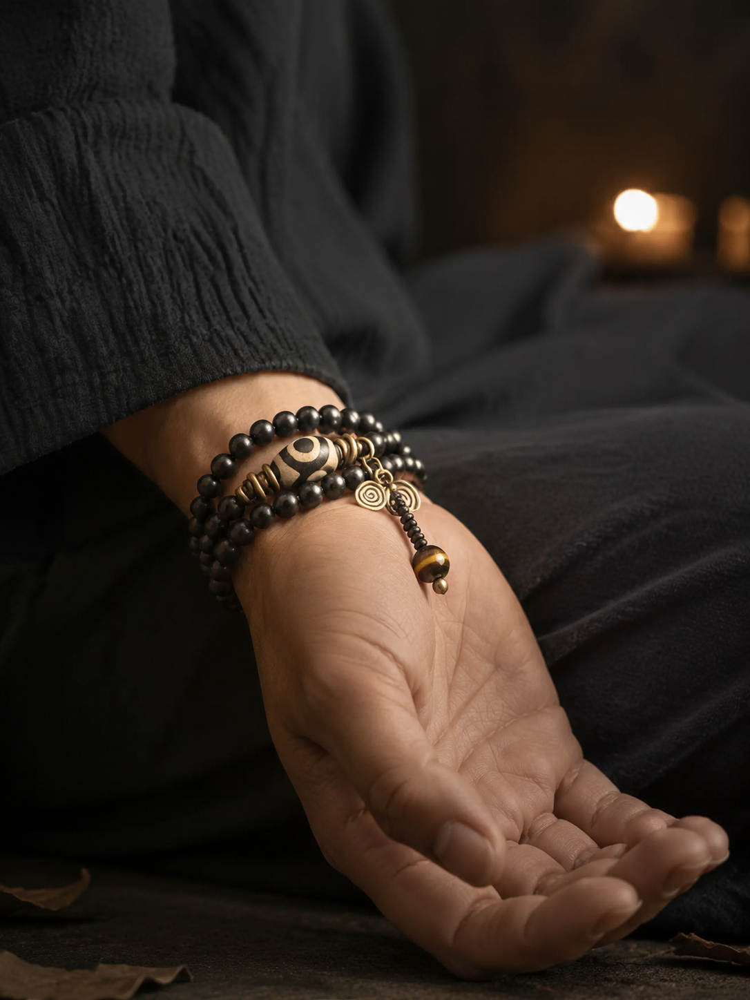 Handmade Tibetan Ebony Wood Dzi Bead Wrap Bracelet