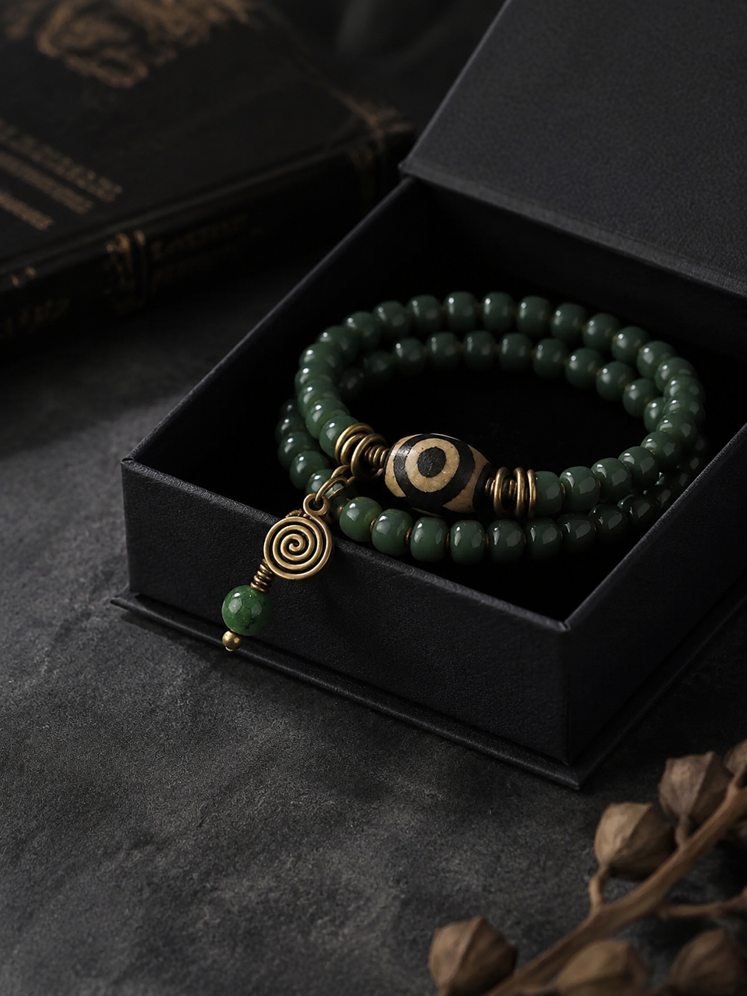 Tibetan Green Bodhi Root & Dzi Bead Wrap Bracelet
