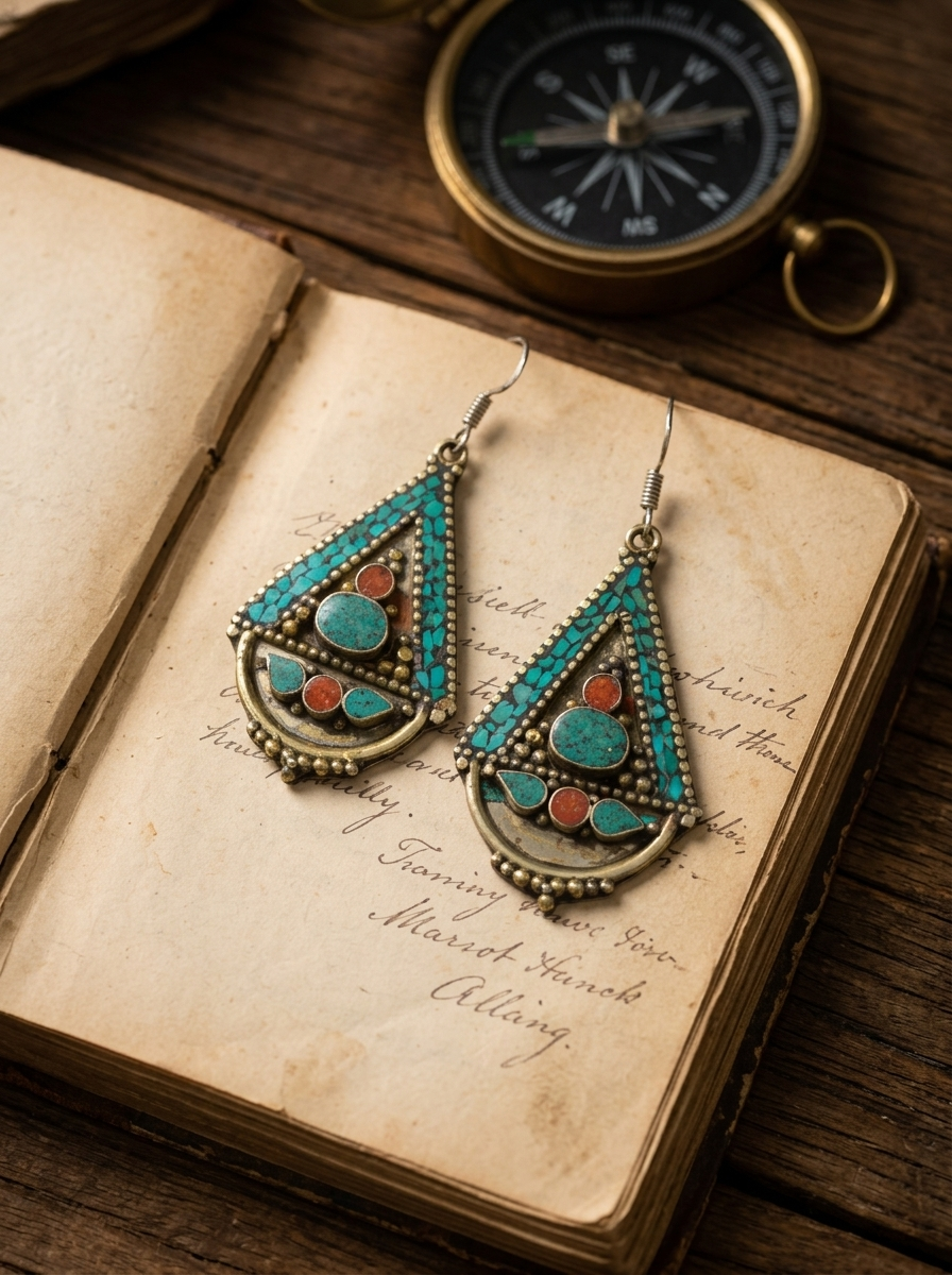 Vintage Tibetan Style Inlaid Drop Earrings