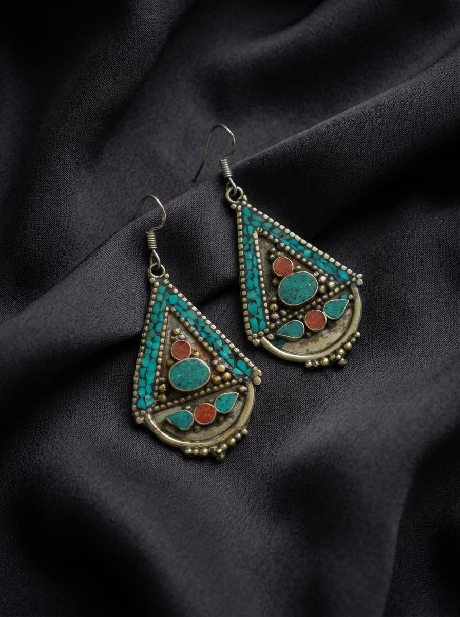 Vintage Tibetan Style Inlaid Drop Earrings