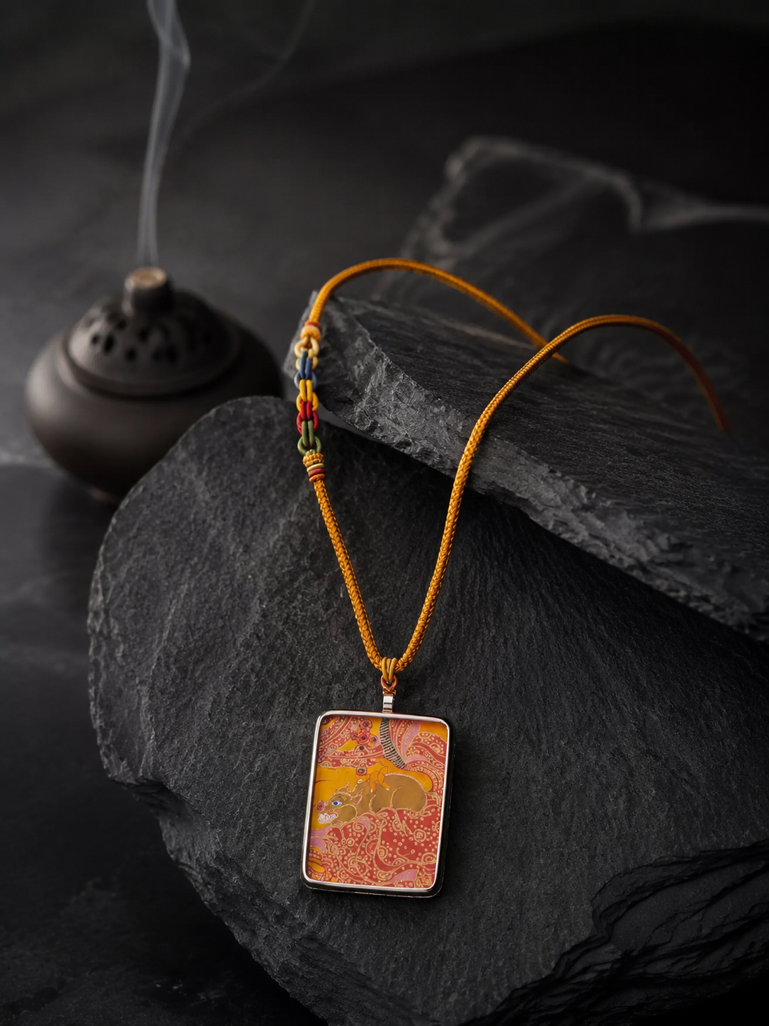 Hand-Painted Yellow Jambhala Thangka Pendant Necklace