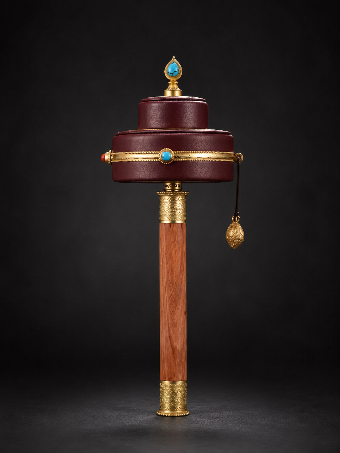 Tibetan Leather Handheld Prayer Wheel with Brass & Stones