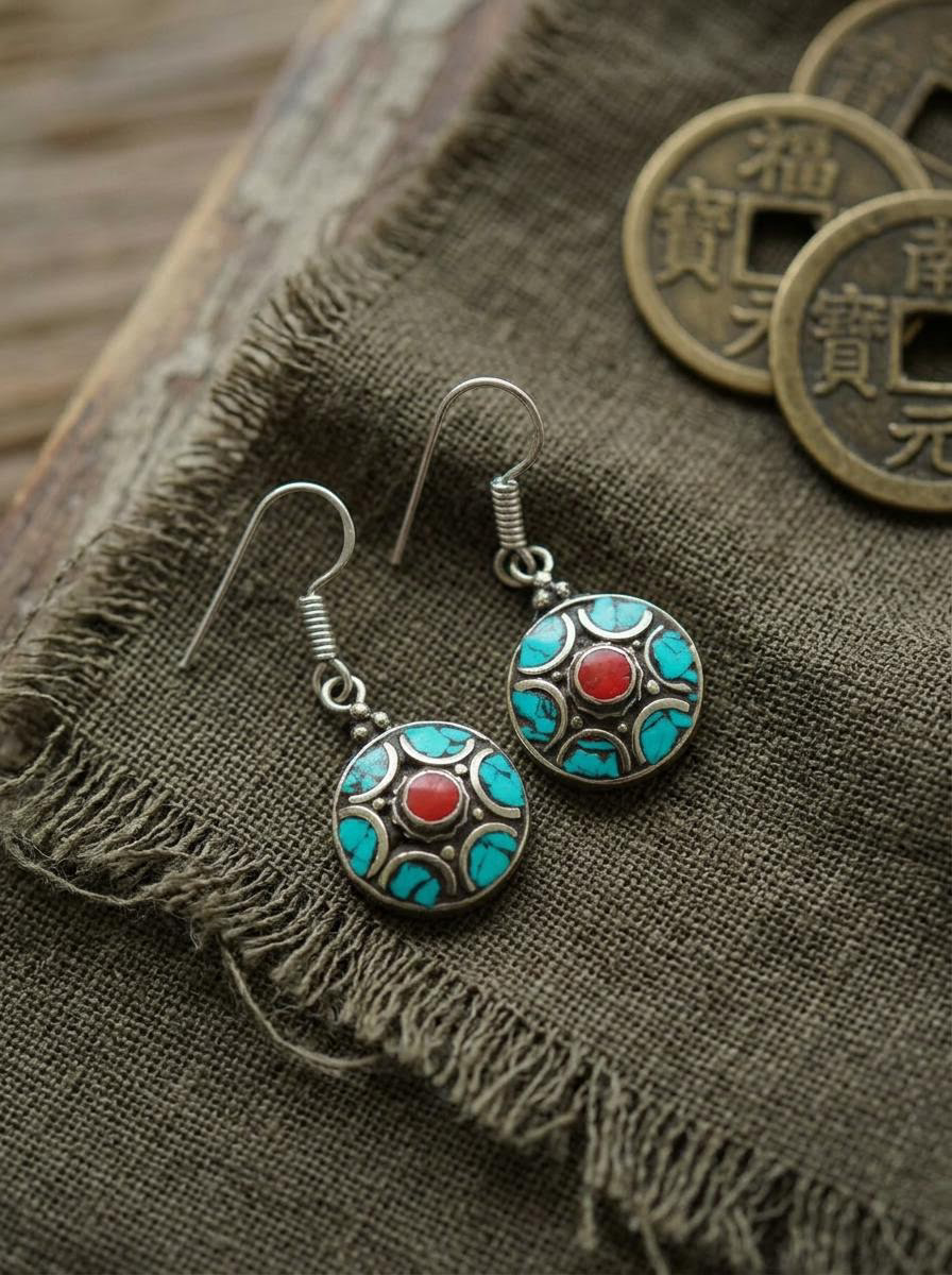 Authentic Tibetan Turquoise Boho Drop Earrings