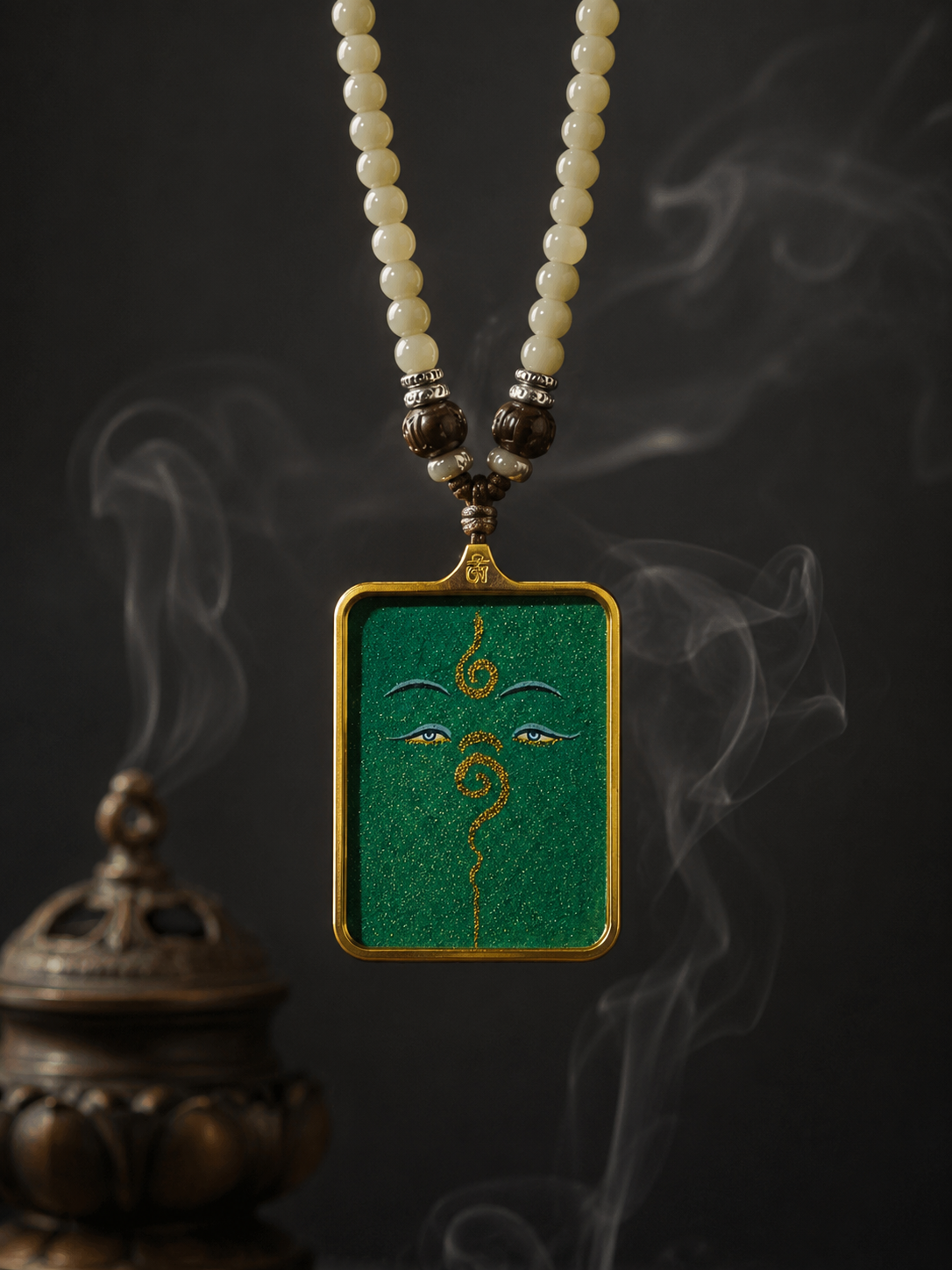 Hand-Painted Tibetan Thangka Pendant - Green Tara Buddha Eye Amulet