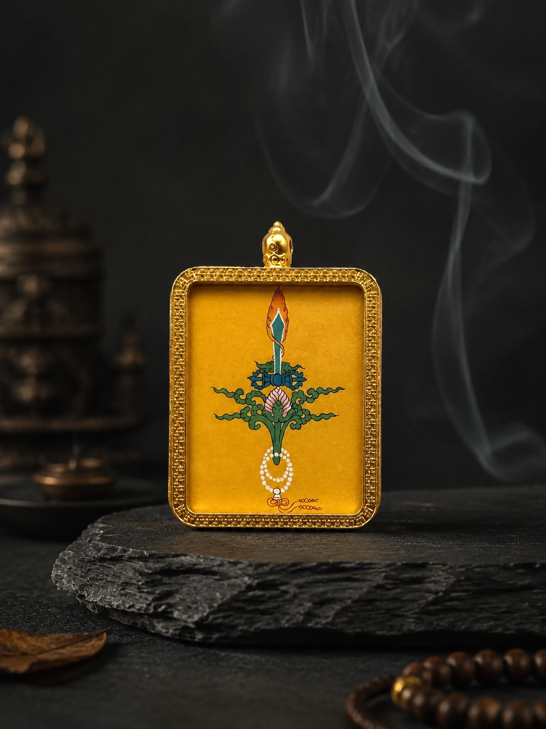 Hand-Painted Tibetan Thangka Pendant - Three Lords Amulet