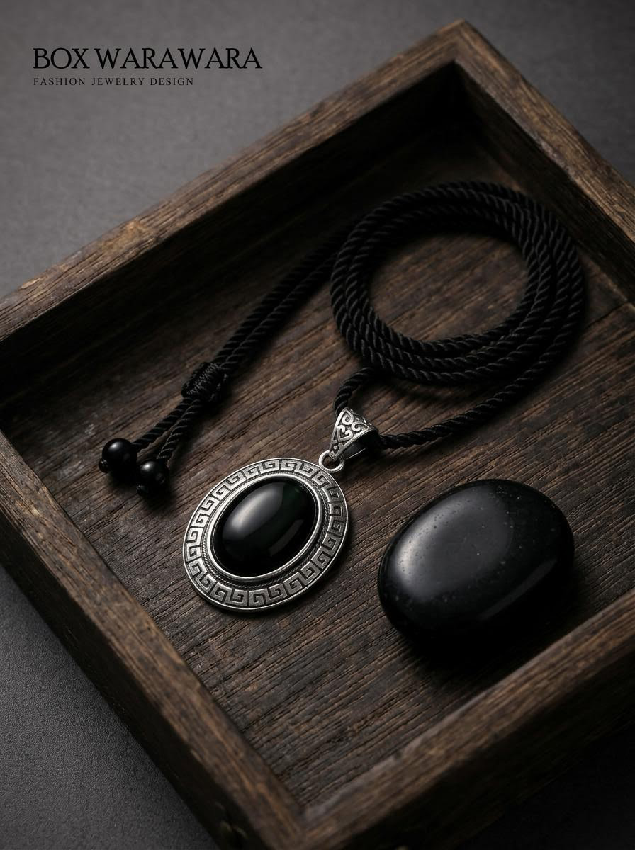 Tibetan Silver Inlaid Obsidian Protection Necklace