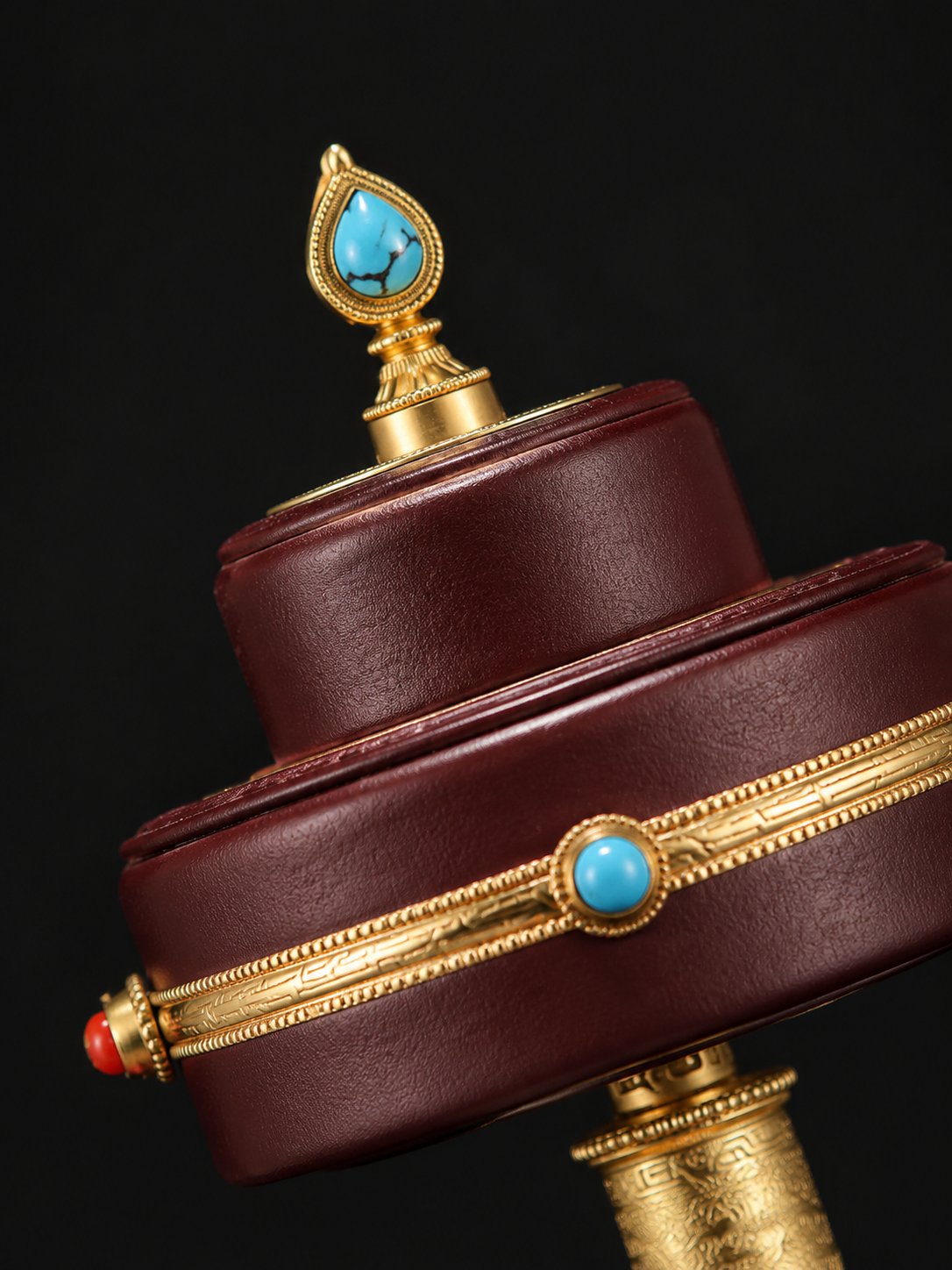 Tibetan Leather Handheld Prayer Wheel with Brass & Stones