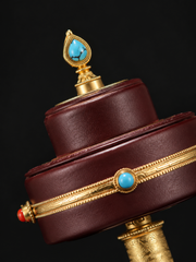 Tibetan Leather Handheld Prayer Wheel with Brass & Stones