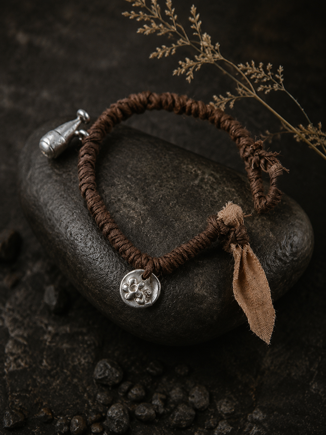 Handmade Plant-Dyed Braided Bracelet with Tibetan Charms