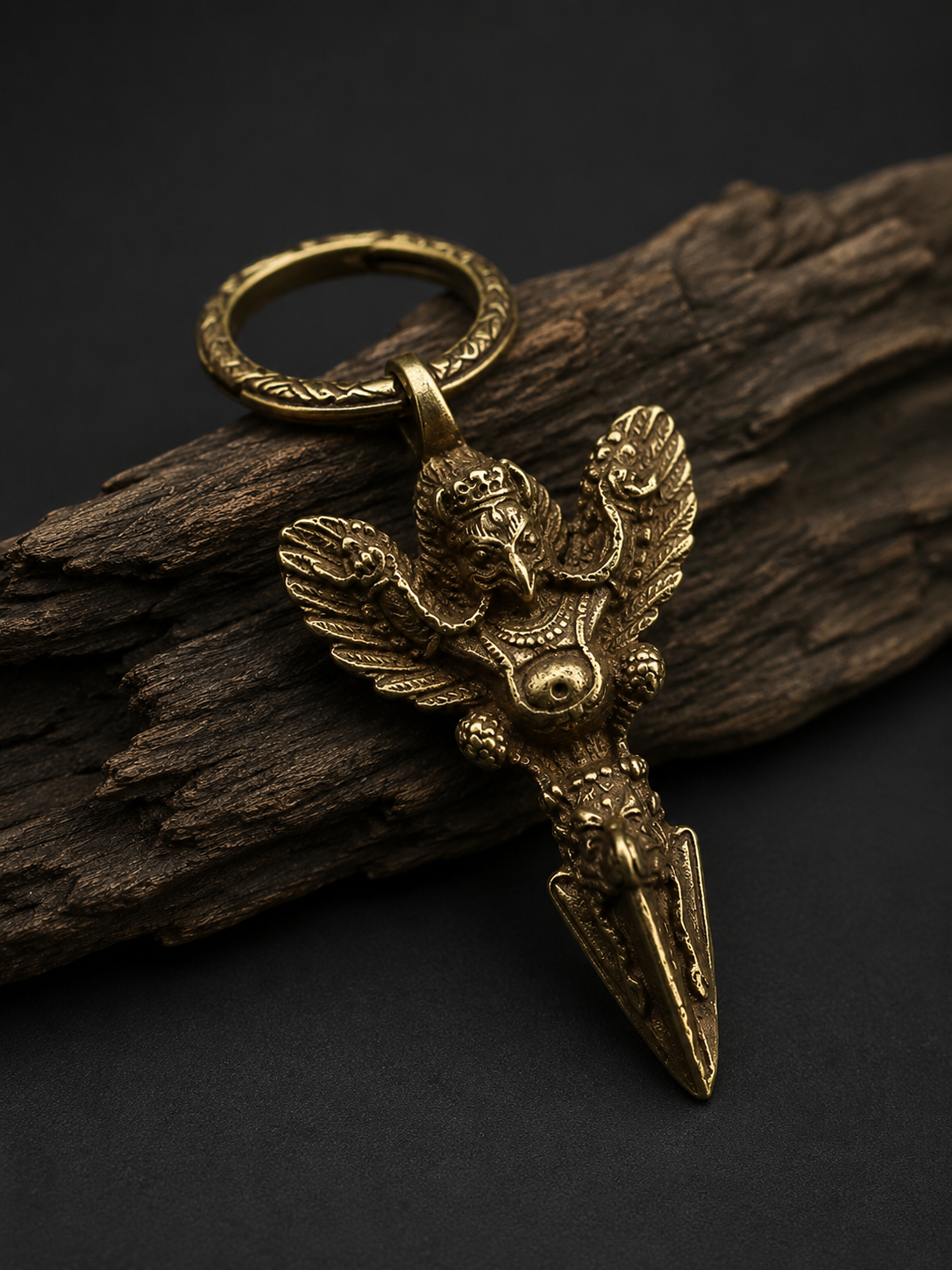 Vintage Brass Garuda Keychain - Handcrafted Tibetan Amulet