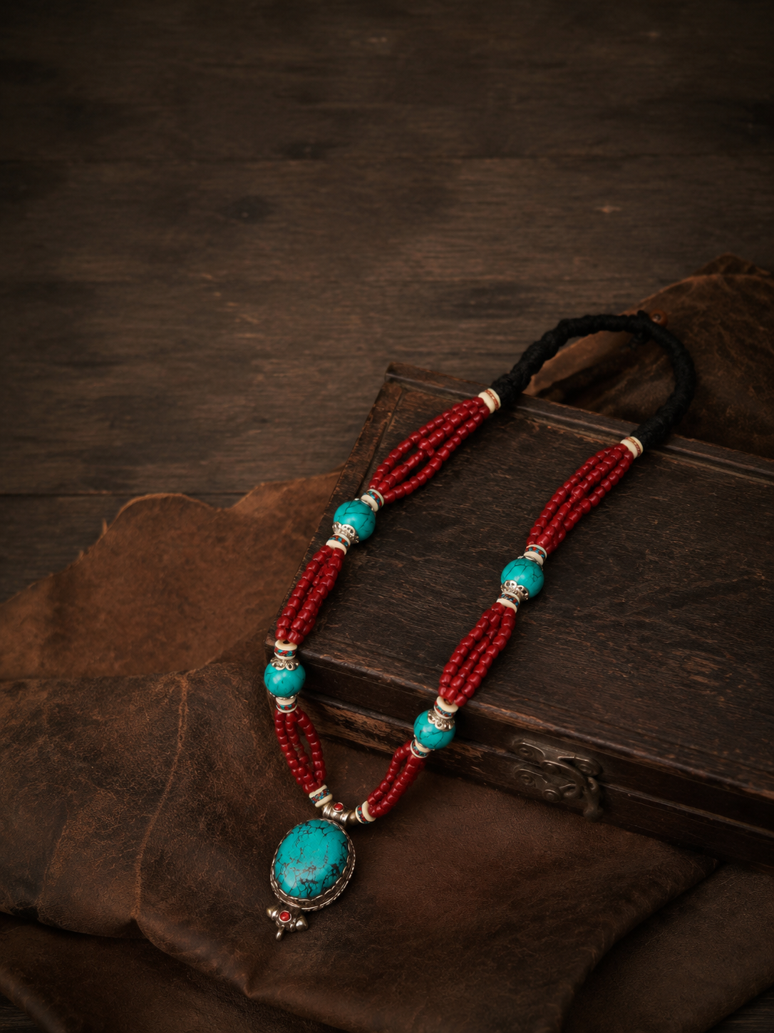 Vintage Tibetan Turquoise & Red Beaded Statement Necklace