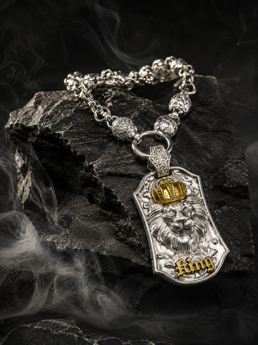 Handmade Tibetan Silver Crowned Lion King Necklace