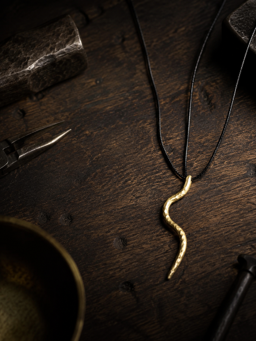 Handmade Hammered Brass Wavy Pendant Necklace Minimalist Artisan Jewelry