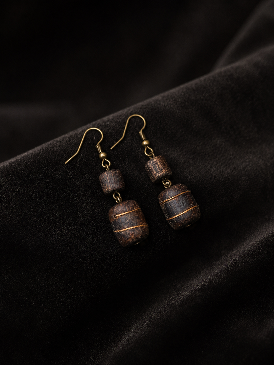 Vintage Tibetan Agarwood Gold-Inlaid Earrings