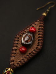 Handmade Tibetan Dzi Bead Leather Drop Earrings