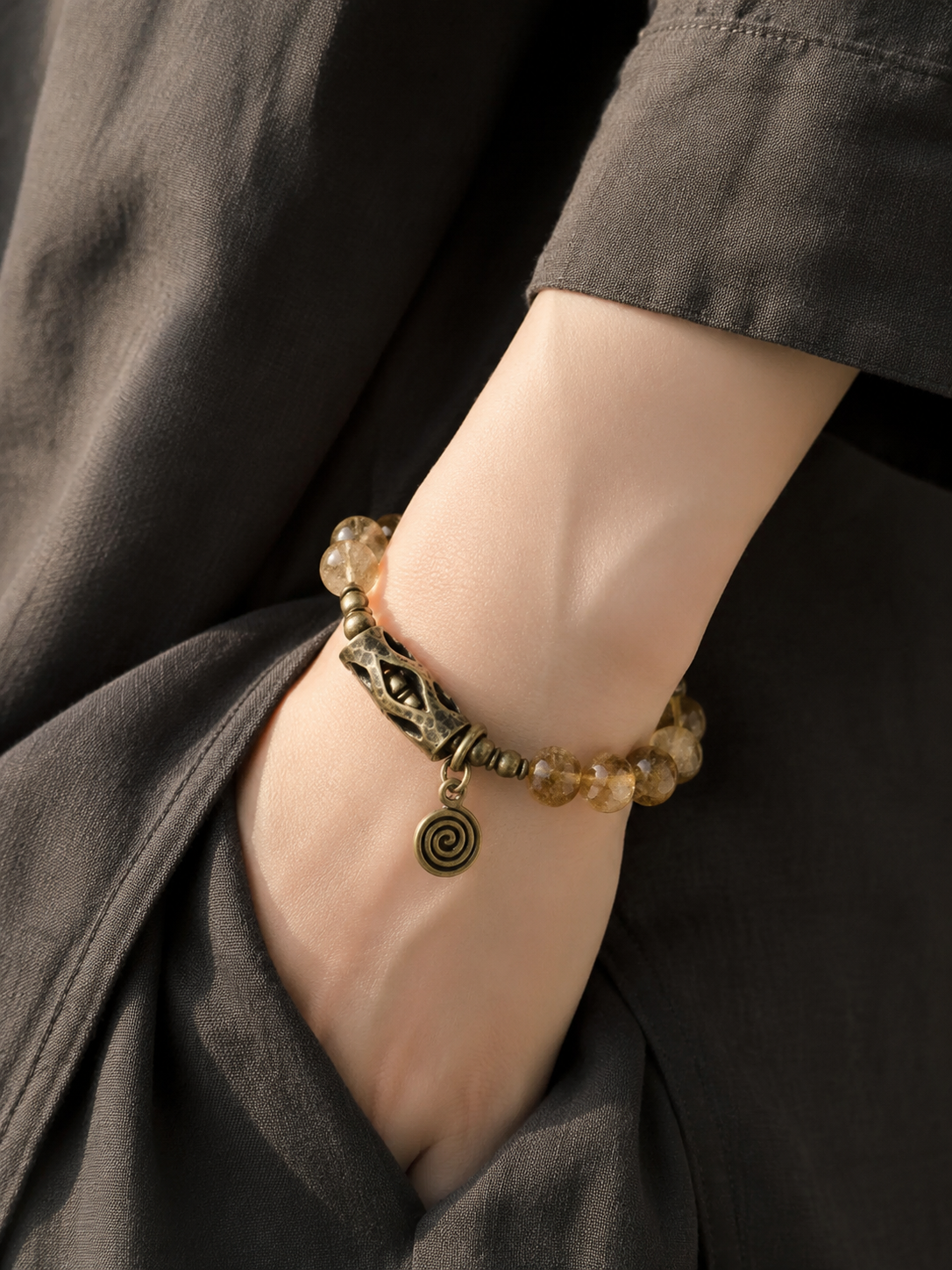 Tibetan Citrine & Vintage Brass Beaded Bracelet