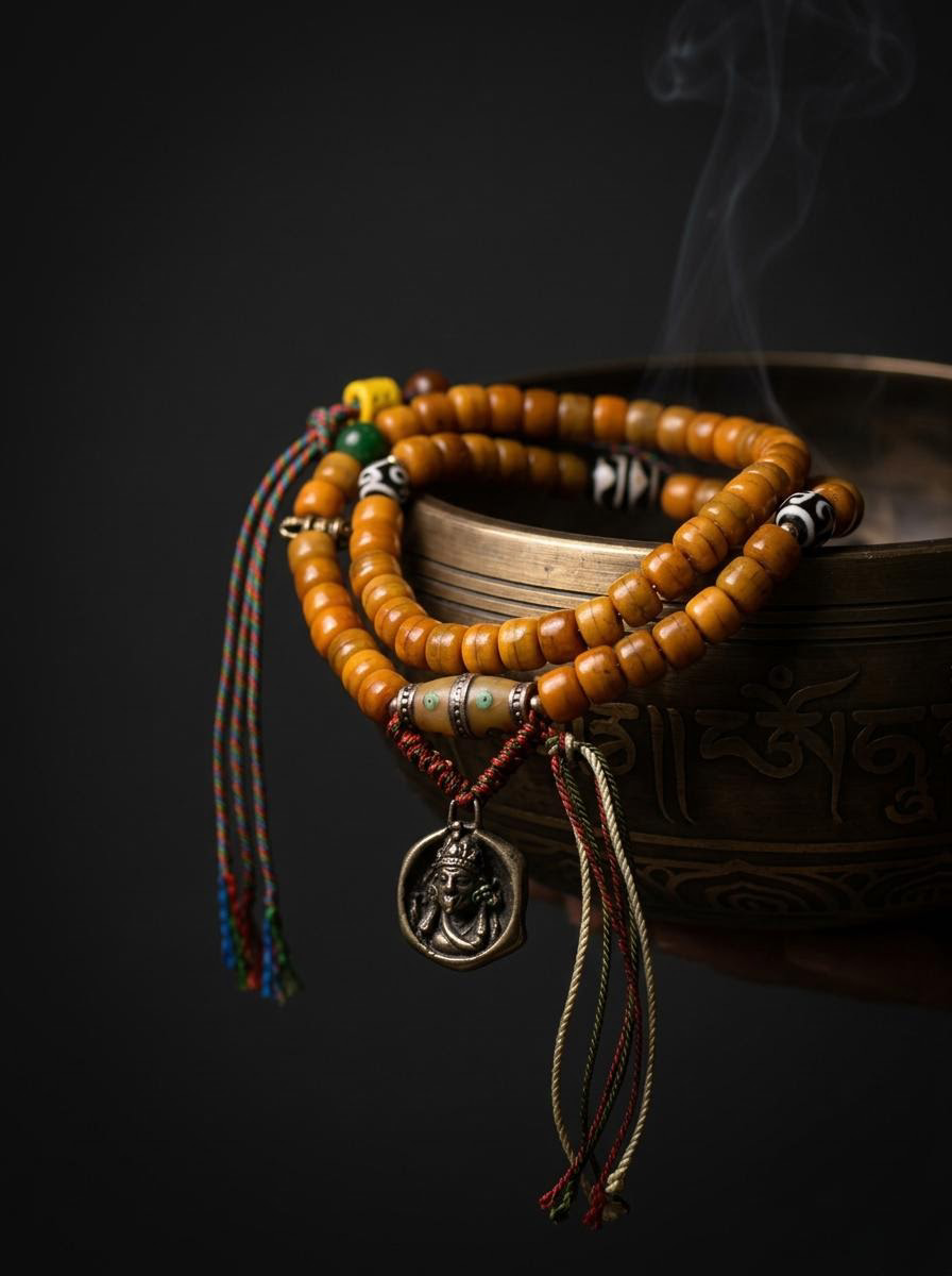 Tibetan Yak Bone 108 Mala Bracelet with Zhaji Lamu Amulet