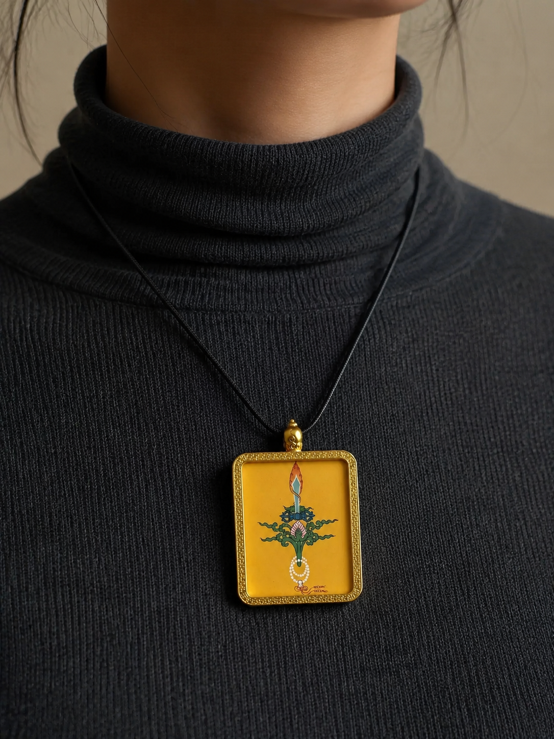 Hand-Painted Tibetan Thangka Pendant - Three Lords Amulet