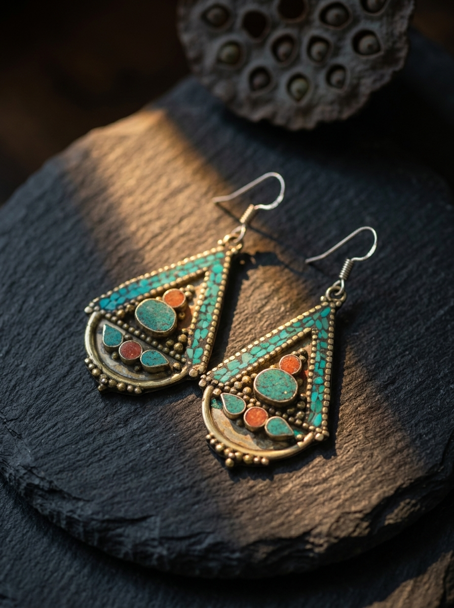 Vintage Tibetan Style Inlaid Drop Earrings