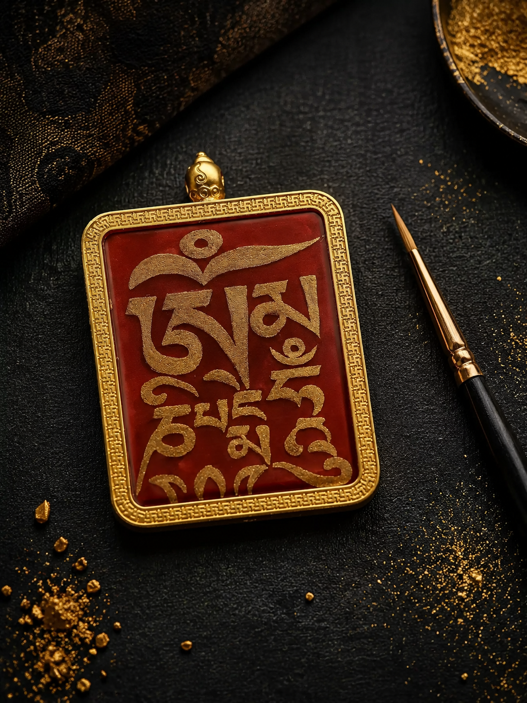 Tibetan Hand-Painted Cinnabar Thangka Mantra Pendant Amulet