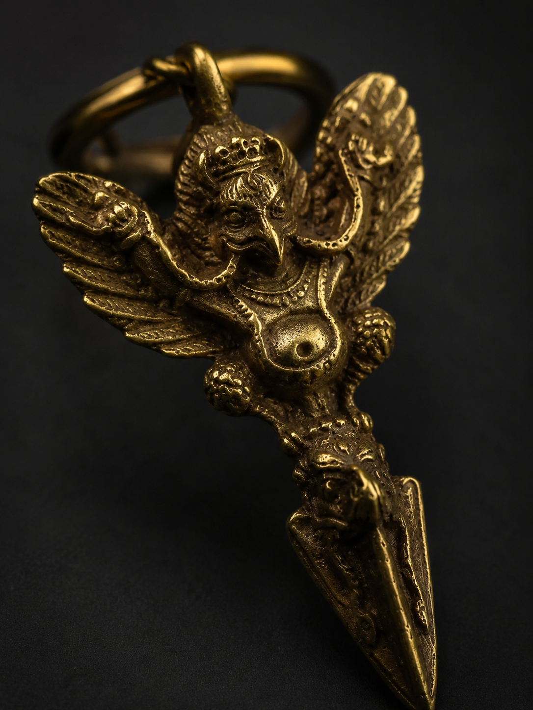 Vintage Brass Garuda Keychain - Handcrafted Tibetan Amulet