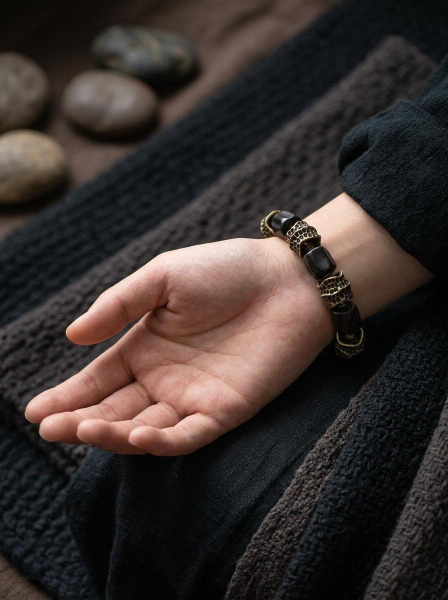 Tibetan Vintage Ebony Wood & Bronze Meditation Bracelet