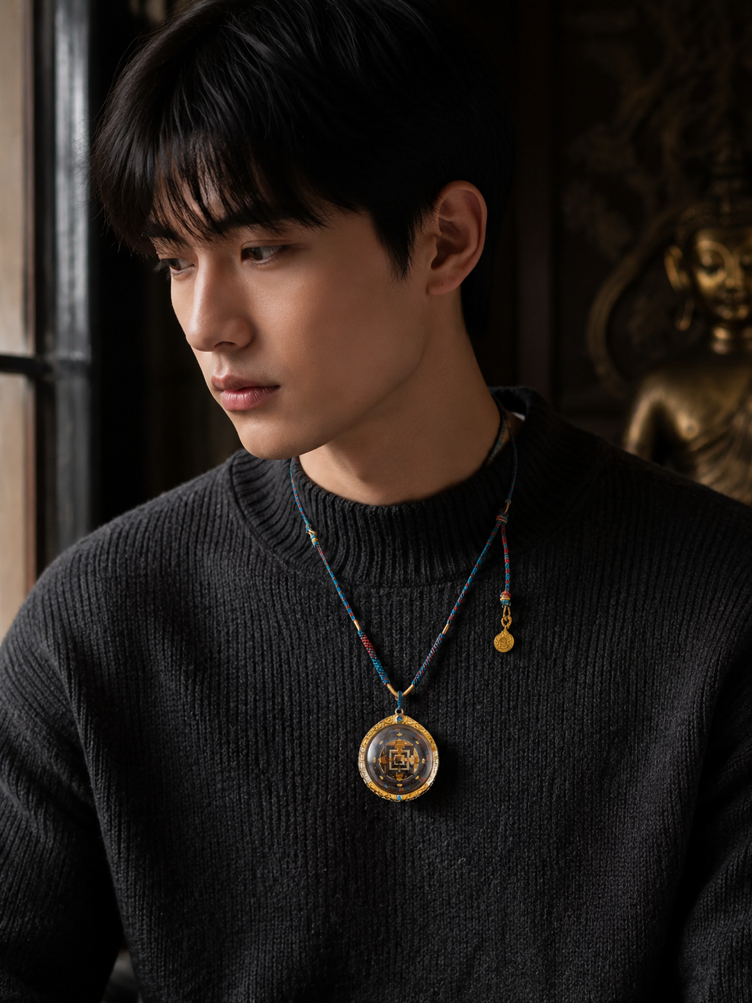 Hand-Painted Tibetan Kalachakra Mandala 925 Silver Pendant Necklace