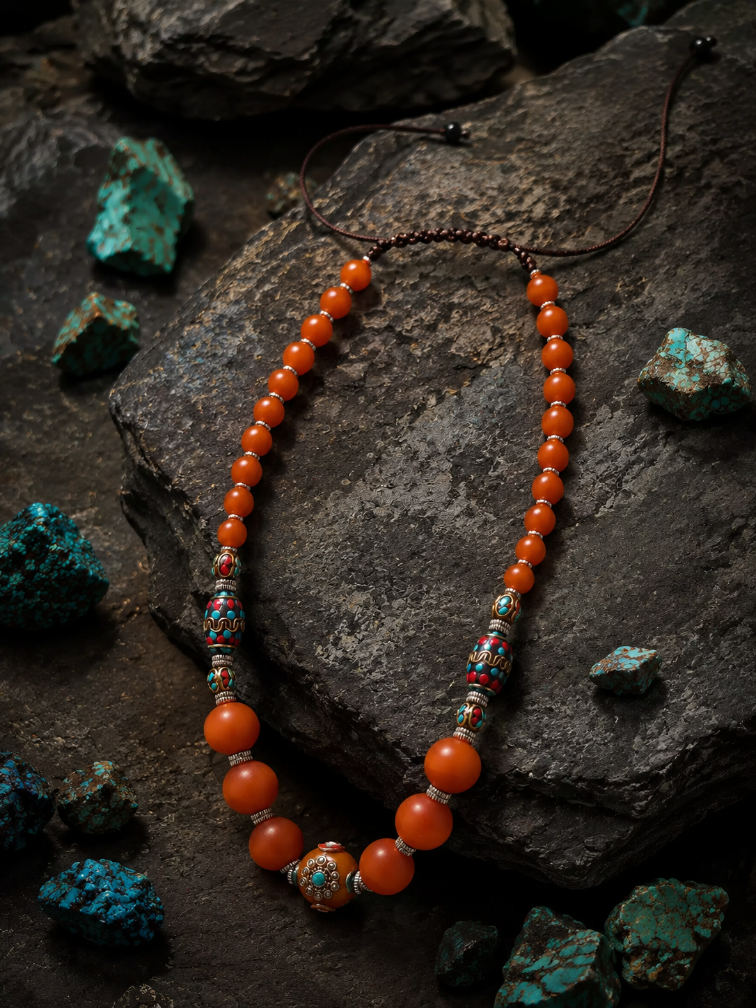 Handmade Tibetan Resin Bead Necklace with Turquoise Inlay