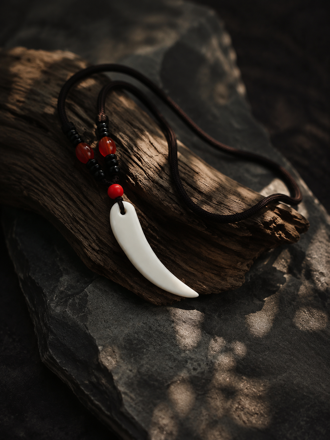 Hand-Carved Tibetan Yak Bone Wolf Tooth Amulet Necklace