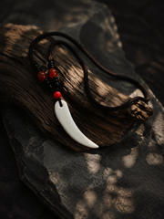 Hand-Carved Tibetan Yak Bone Wolf Tooth Amulet Necklace