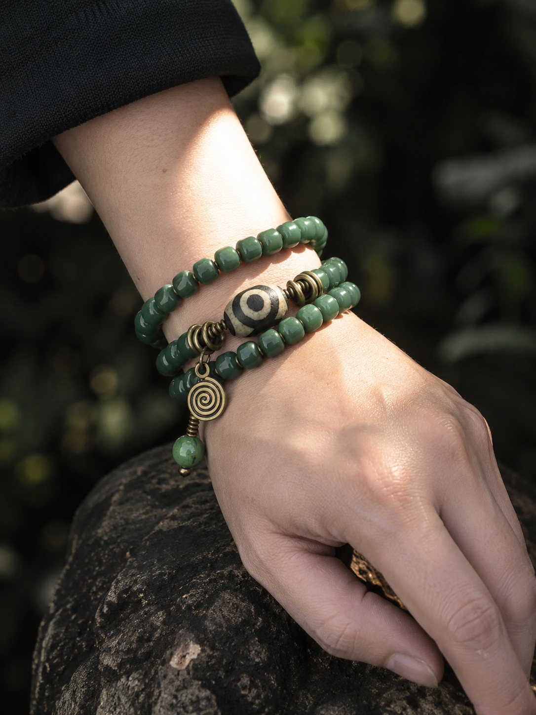 Tibetan Green Bodhi Root & Dzi Bead Wrap Bracelet